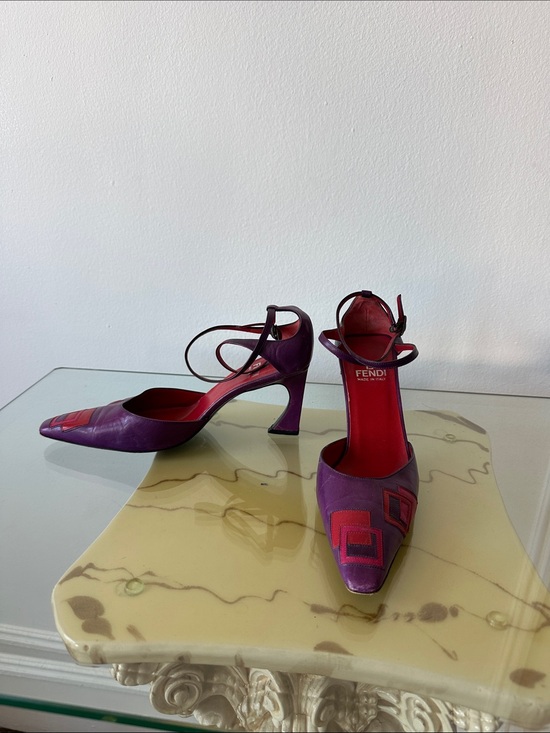 Fendi Shoes - Fendi Purple and Red Geometric Pointed-Toe Ankle-Strap Heels